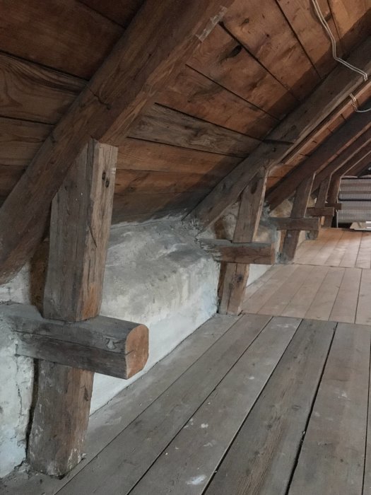 Gammal takkonstruktion med synliga takstolar, hanbalkar och ett plankgolv under taket.
