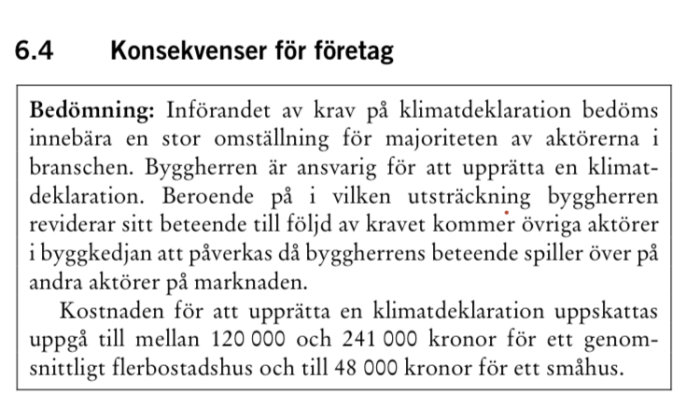 Textdokument med rubriken "Konsekvenser för företag" som beskriver kostnaden för klimatdeklaration för småhus och flerbostadshus.