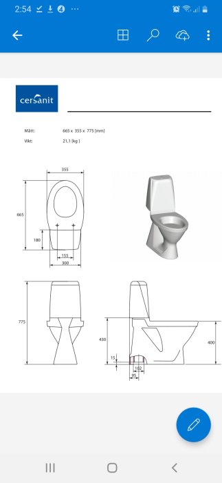 Skiss av en ny wc med måttangivelser och 3D-vy som illustrerar toalettens design och storlek.