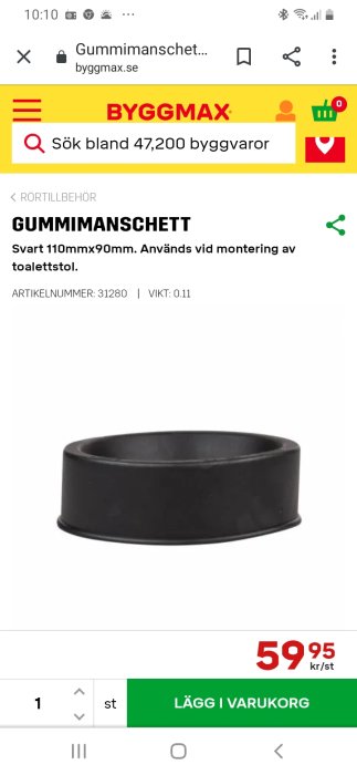 Svart gummitätning för toalettstol, 110 mm externt och 90 mm internt mått, mot vit bakgrund.