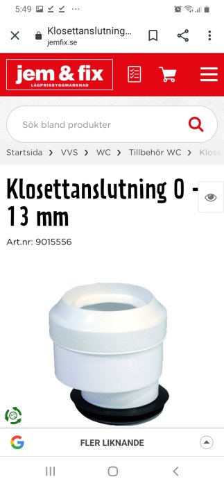 Excentrisk klosettanslutning för WC, vit plast, 13 mm justeringsmöjlighet, art. nr 9015556.