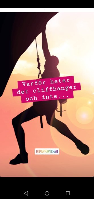 Silhuett av en person som klättrar och håller i ett rep, med solnedgång i bakgrunden och textballong.
