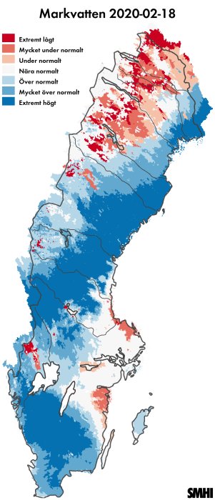 Karta från SMHI som visar markfuktighetsnivåer i Sverige den 18 februari 2020, med områden markerade i olika färger beroende på fuktighetsnivå.