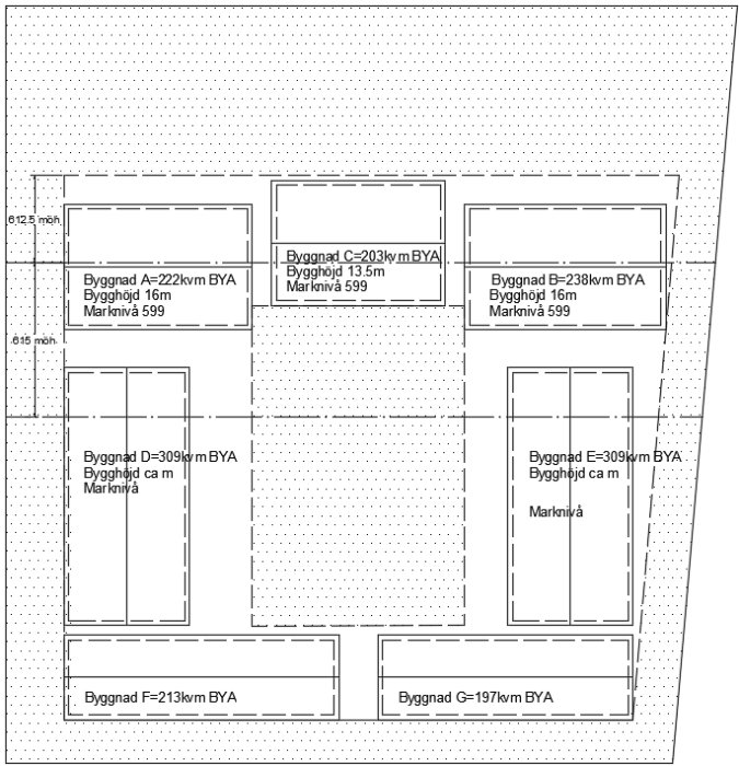 Schematisk ritning av flerbostadsplanlösning med trappor, loftgångar och byggnadernas ytor angivna.