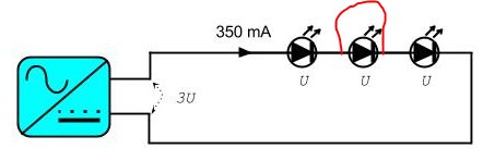Schematisk bild av LED-drivare och flera LED-lampor med en röd bygelsladd som kortsluter en LED.