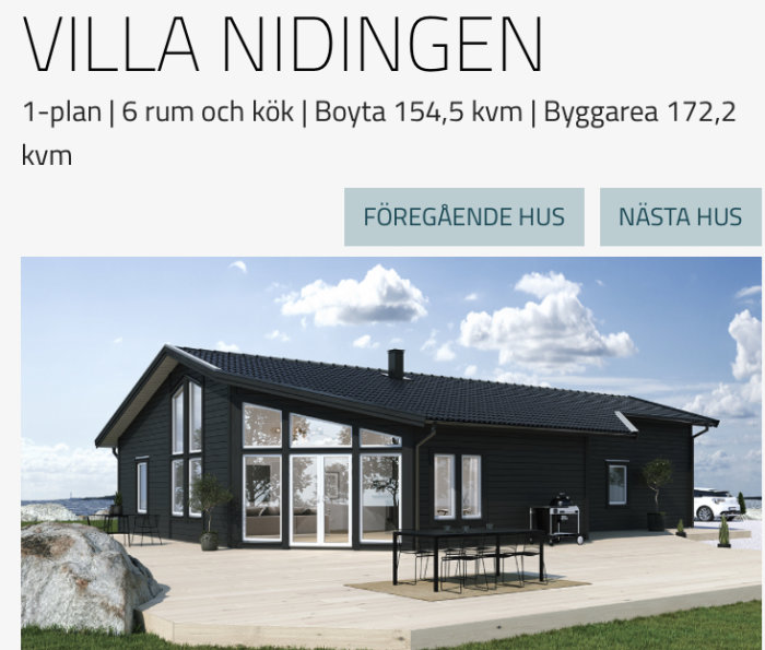 Enplanshus med svart fasad, stora fönster och terrass, Villa Nidingen, 6 rum och kök.