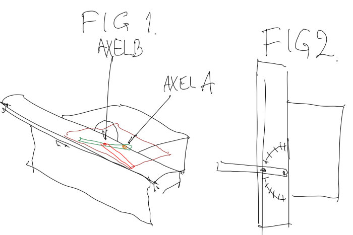 Handritade skisser visar jiggen med axlar för justerbara vinklar och jämförelse med traditionell justersåg.