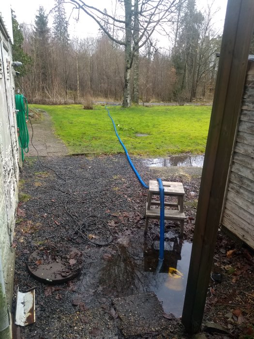 Vattensamling i garageuppfart med slang ansluten till länspump, omgivet av vått gräs och träd.