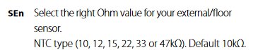 Instruktioner för att välja rätt ohmvärde för extern/golvtemperaturgivare med NTC-typer.