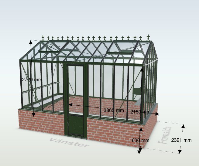 3D-modell av ett växthus med måttangivelser, byggt på en tegelstenssockel.