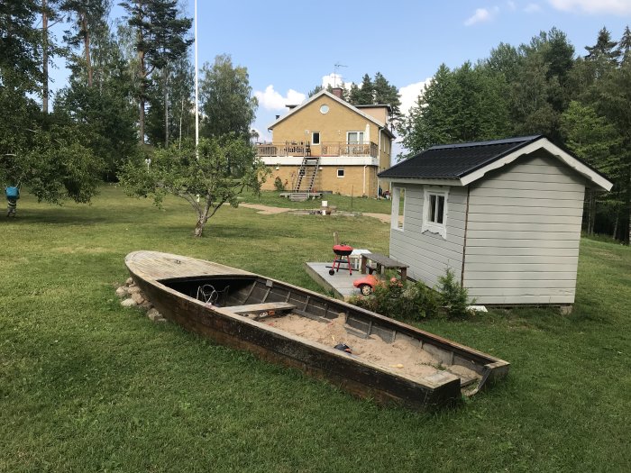 Trädgård med gräsmatta och litet skjul, en sandlåda i en gammal båt, med tvåvåningshus i bakgrunden.