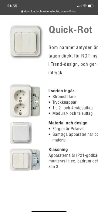 Produktbilder av Quick-Rot strömbrytare och vägguttag i polarvit färg från Eljons katalog.