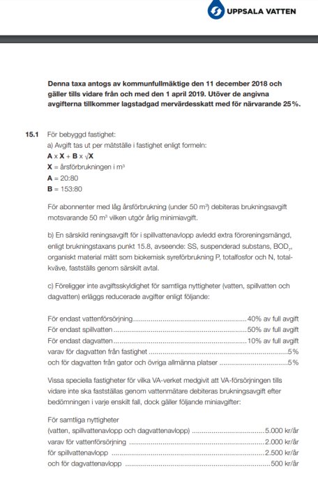 Skärmdump av Uppsala Vattens gamla prislista för vatten och avloppstjänster.