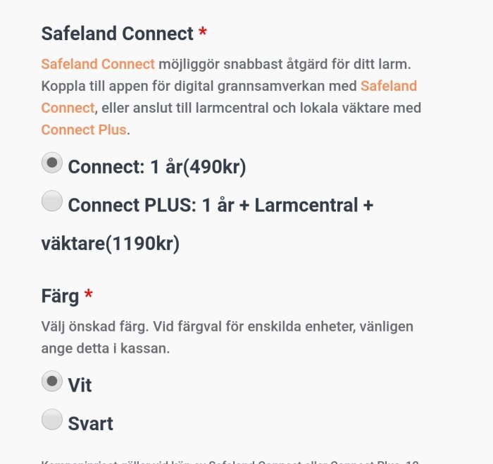 Skärmdump av Safeland Connect tjänstealternativ med priser och färgval för säkerhetsprodukter.