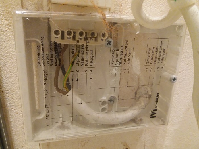 Genomskinlig elcentral med etiketter och ingående kablar på en vägg, damm och spindelnät syns inne i lådan.