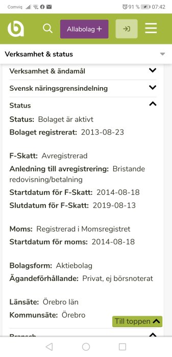 Skärmdump visar företagsinfo: aktiv status, avregistrering från F-skatt, momsregistrering, aktiebolag, Örebro.