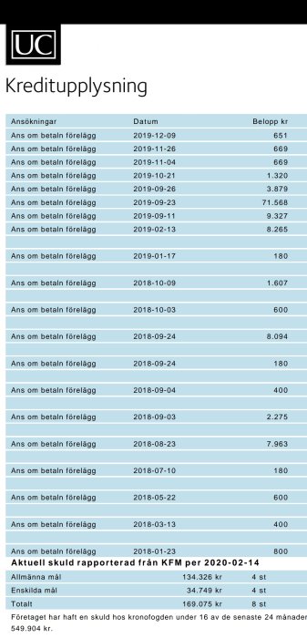 Skärmbild av en kreditupplysning som listar betalningsförelägganden och aktuell skuld.