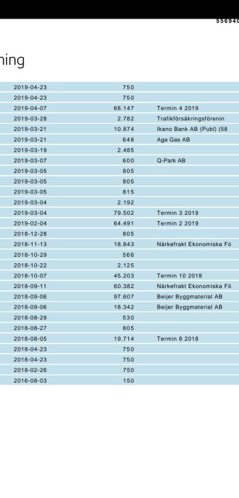 Skärmdump av lista med datum, numeriska värden och textreferenser till företag och betalningsterminer.