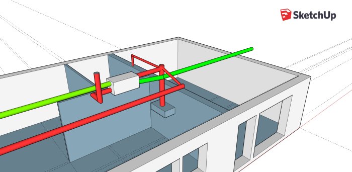 SketchUp-skiss av enplansvilla med ventilationssystem som visar tilluftsrör i grönt och frånluftsrör i rött.