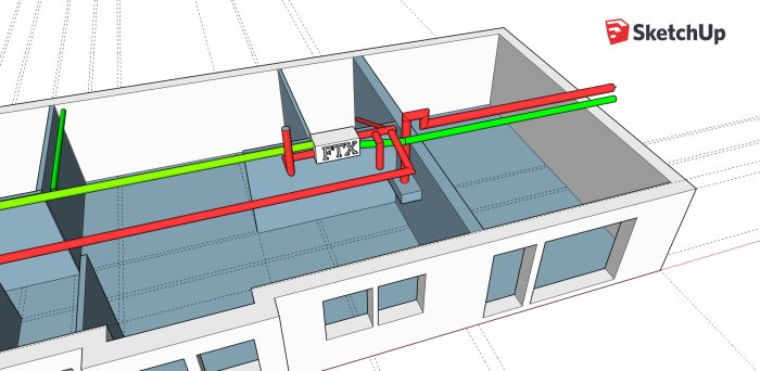 3D-skiss i SketchUp av ett hus med markerade ventilationsrör, gröna för tilluft, röda för frånluft och ett FTX-aggregat.