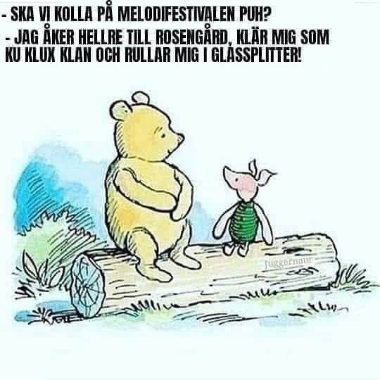 Illustration av Nalle Puh och Grislingen som står på en stock, med Puh stående och Grislingen sittande.