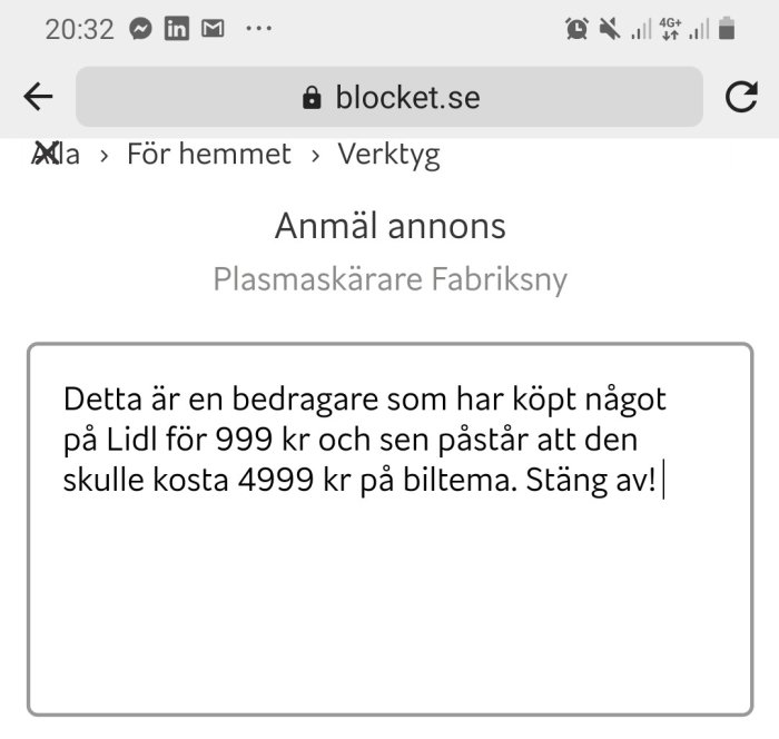 Skärmdump från blocket.se som visar en varning om en bedragare som säljer en plasma skärare.