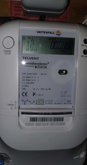 Elmätare från Vattenfall med huvudsäkringar, visar 00,000 kWh och teknisk information.