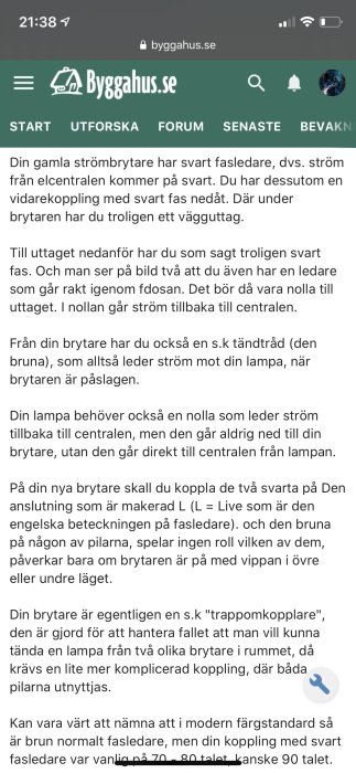 Skärmdump av ett inlägg på bygghus.se om koppling av strömbrytare.