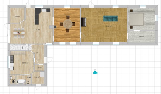 Översiktsritning av en planlösning för ett hus, inkluderande kök, matrum och vardagsrum, i gråskala och bruna färgtoner.