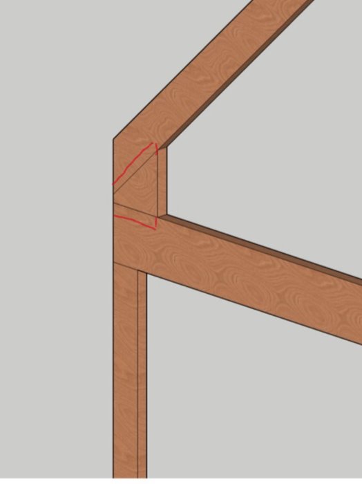 3D-modell av träkonstruktion med markerad förslag till förbättring på sammankoppling.