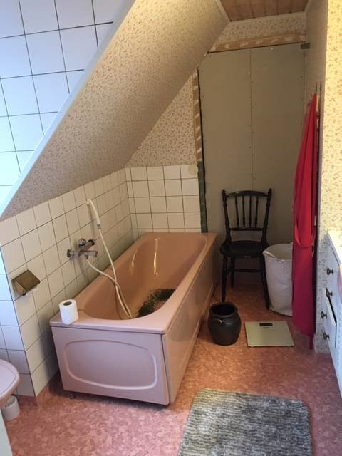 Äldre badrum med rosa badkar fylld med granbarr, rosa toalett, och en igensatt dörröppning täckt av brädor.