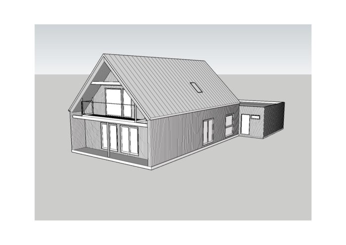 3D-ritning av hus med modifierad takstol, utan detaljerade mått och avvattningssystem.