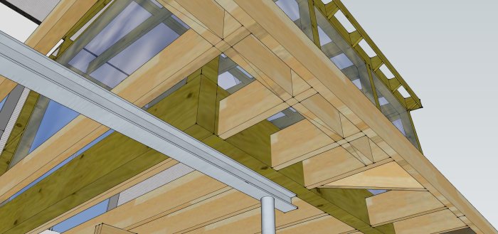 3D-rendering av ett uterums hörn med limträbalkar och stålbalk.