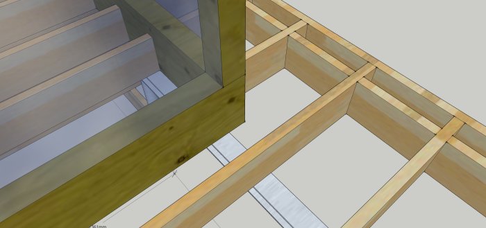 3D-modell av en grundkonstruktion med limträbalkar för ett uterumsbygge.
