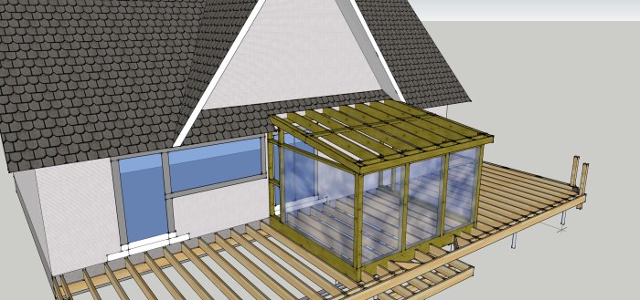 3D-rendering av ett uterum projekt med trästomme och glaspartier bredvid en altan.