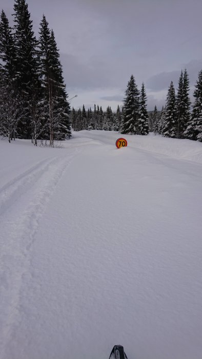 Snötäckt skoterspår genom skog med hastighetsskylt 70.