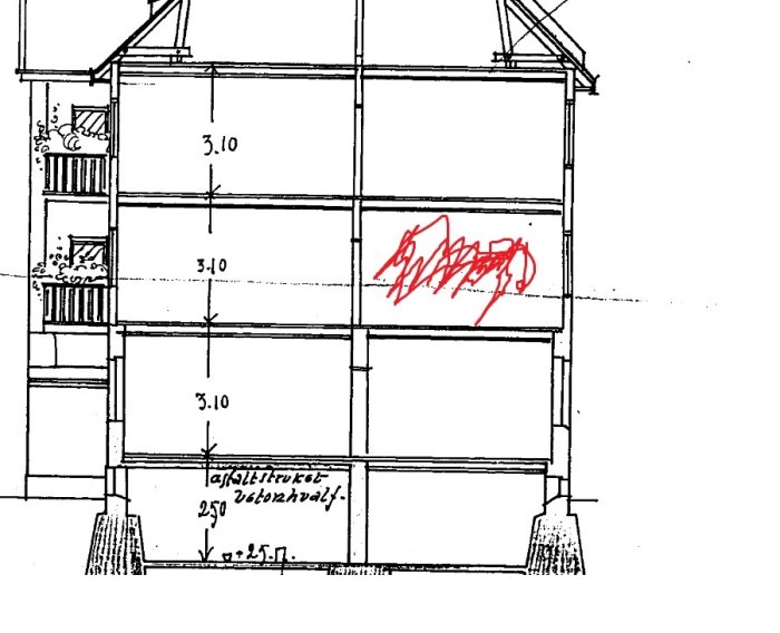 Orginalritningar av en byggnad från 1920-talet med markerad vägg som användaren överväger att ta ner.