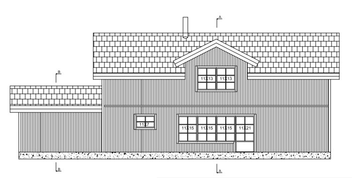 Sektionsritning av hus med måttangivelser, skorsten och entré, lämplig för bygglovsansökan.