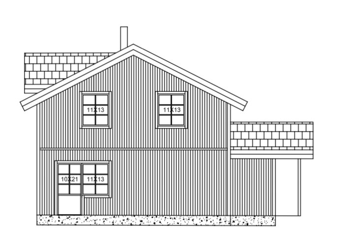 Sektionsritning av ett hus med dimensionerade fönster, dörrar och skorsten.