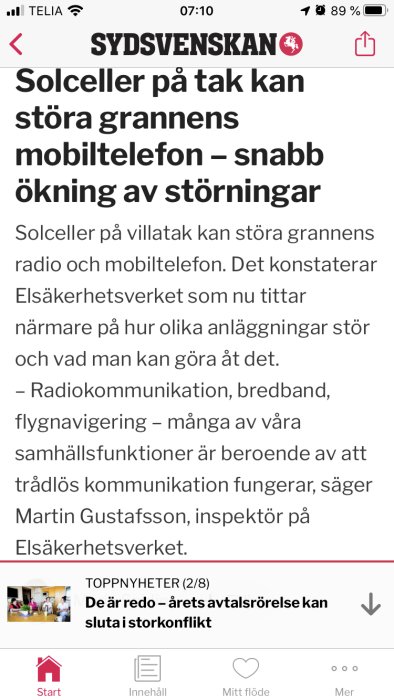 Skärmdump från Sydsvenskan med artikel om solcellers störningar på mobiltelefoni.