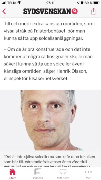 Skärmdump av en artikel från Sydsvenskan om solcellsanläggningar och radiosignaler, med en bild på en man ser fundersam ut.