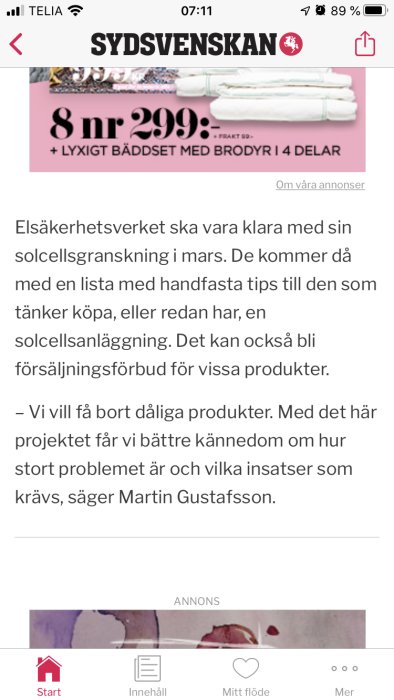 Skärmdump av artikel om solcellsgranskning från Sydsvenskan med reklam för sängkläder.