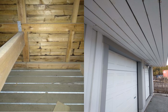 Ett trägarage med synlig takstol inifrån och takfotsventilation samt överhäng på utsidan.