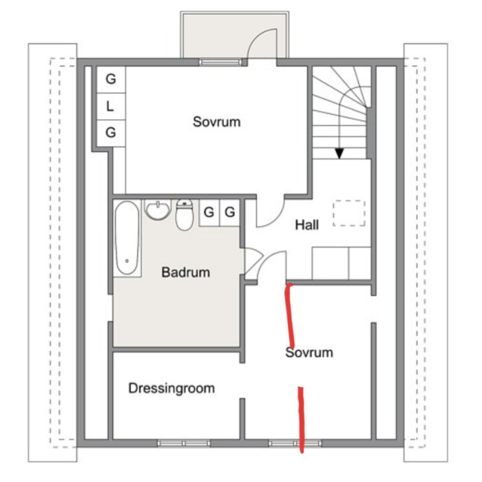 Ritning över våningsplan med föreslagen ny sovrumsindelning markerad med rött.