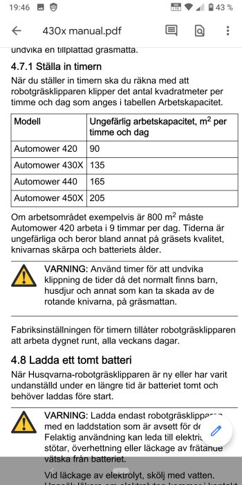 Skärmdump av en manual som visar arbetskapacitet för olika modeller av robotgräsklippare och varningsmeddelanden.
