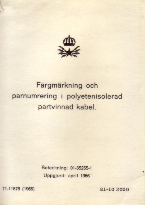 Äldre handledning för färgmärkning och parnummering i polyetenisolerad partvinnad kabel från 1966.