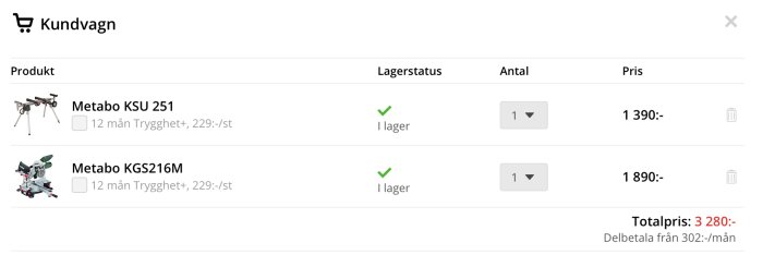 Kundvagnsida som visar två produkter, Metabo KSU 251 och KGS216M, med priser och lagerstatus "i lager".