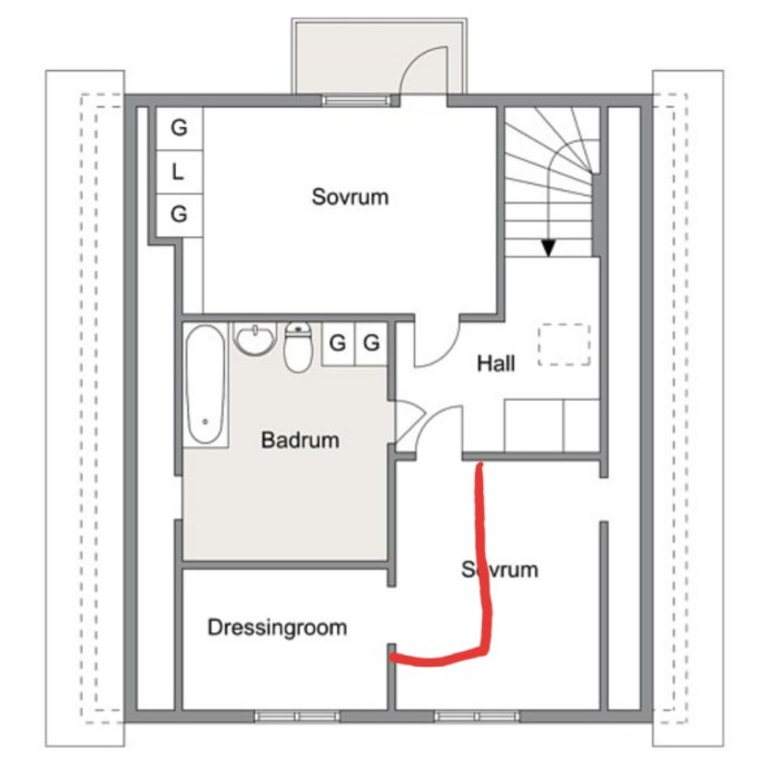 Ritning av en lägenhetsplan med markerad väg från sovrum till dressingroom.