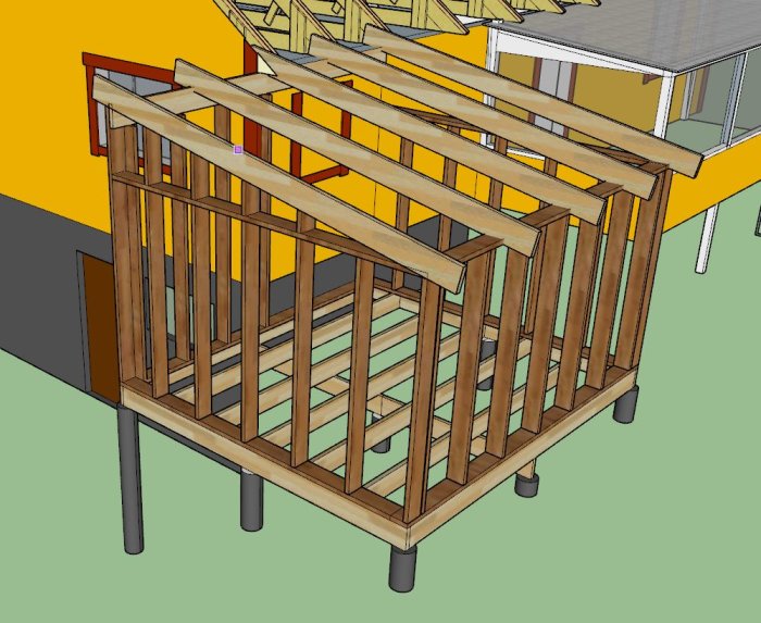 3D-ritning av ett byggprojekt med träram, bärlinor och plintar i mörkbruna och ljusa toner.