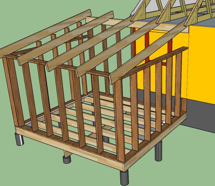 3D-ritning av en utbyggnad med trästomme och bärlinor mot ett befintligt gult hus, stött på plintar.